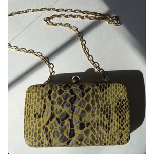 Tory Burch Handbag RARE Clutch Yellow Hard-side Leather Animal Print Chain Strap